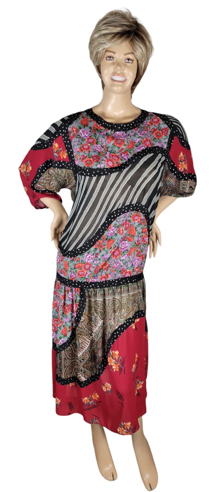 Vtg 80s Diane Freis Georgette Floral Patchwork Maxi Midi Boho Festival Dress M/L