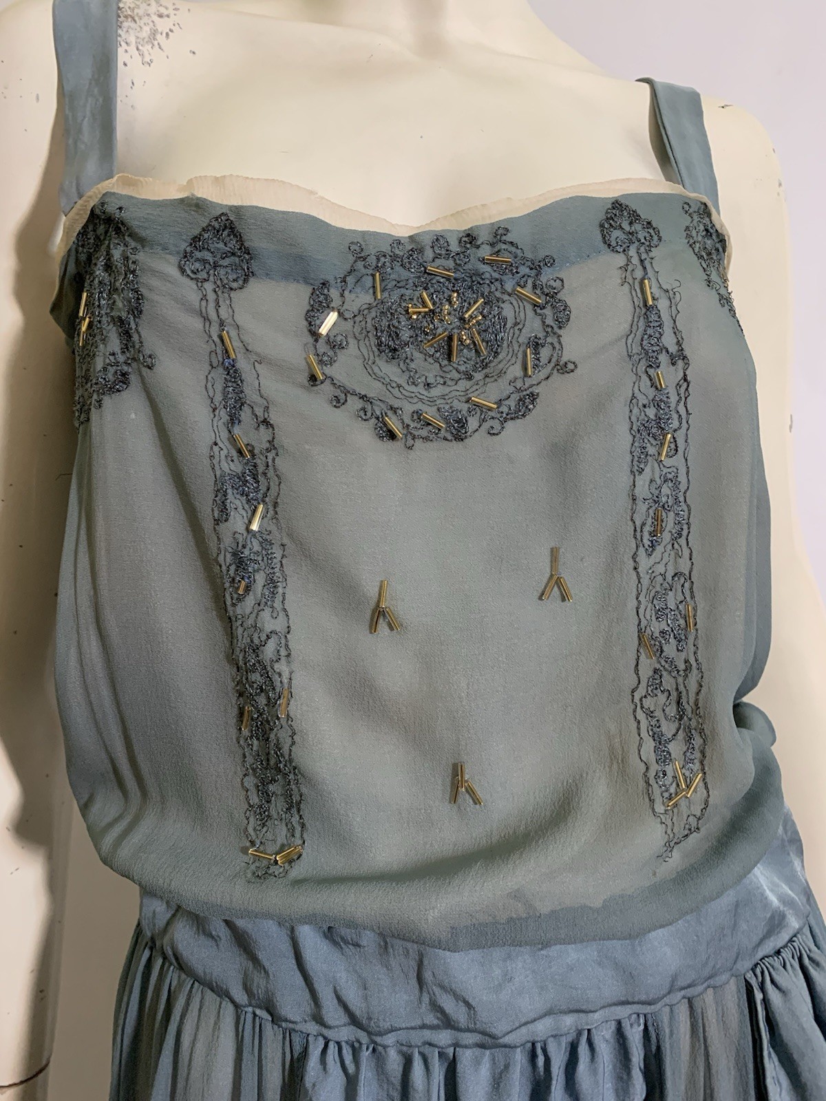True Vintage Late 1910s/Early 20s Beaded Blue Silk Dress Blouson Bodice