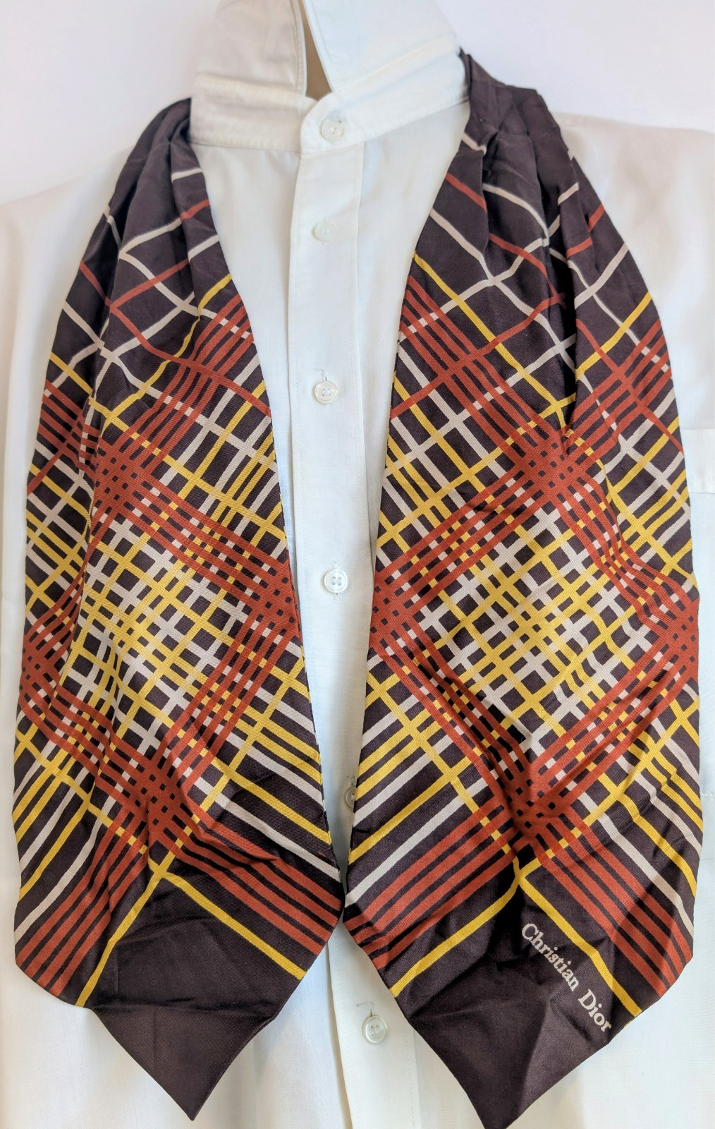 Christian Dior Silk Cravat Ascot Vintage Cravates Soie Brown Geometric