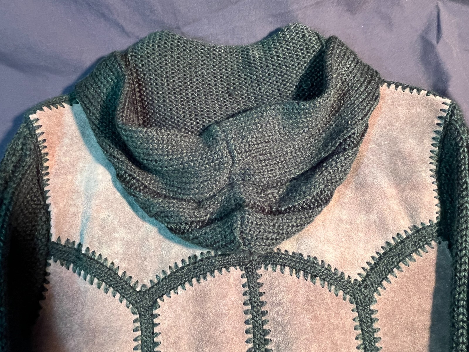 1970s Excellent brand jacket features green crocheted patchwork panels & suede
