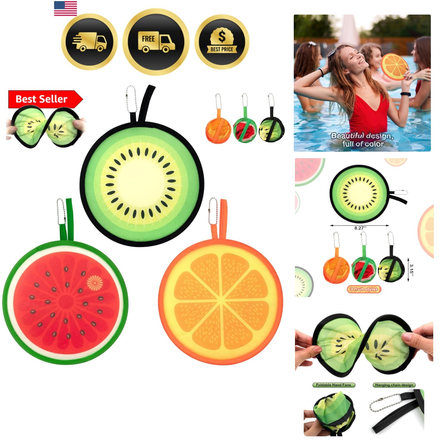 Folding Hand Fans Fruit Style Cooler Fans for Summer Outdoor Festival 3pcs
