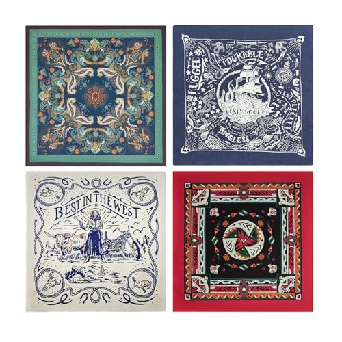 4-Pack 100% Cotton Bandana Set, Vintage Graphic Print, 22×22 inches Assorted 1