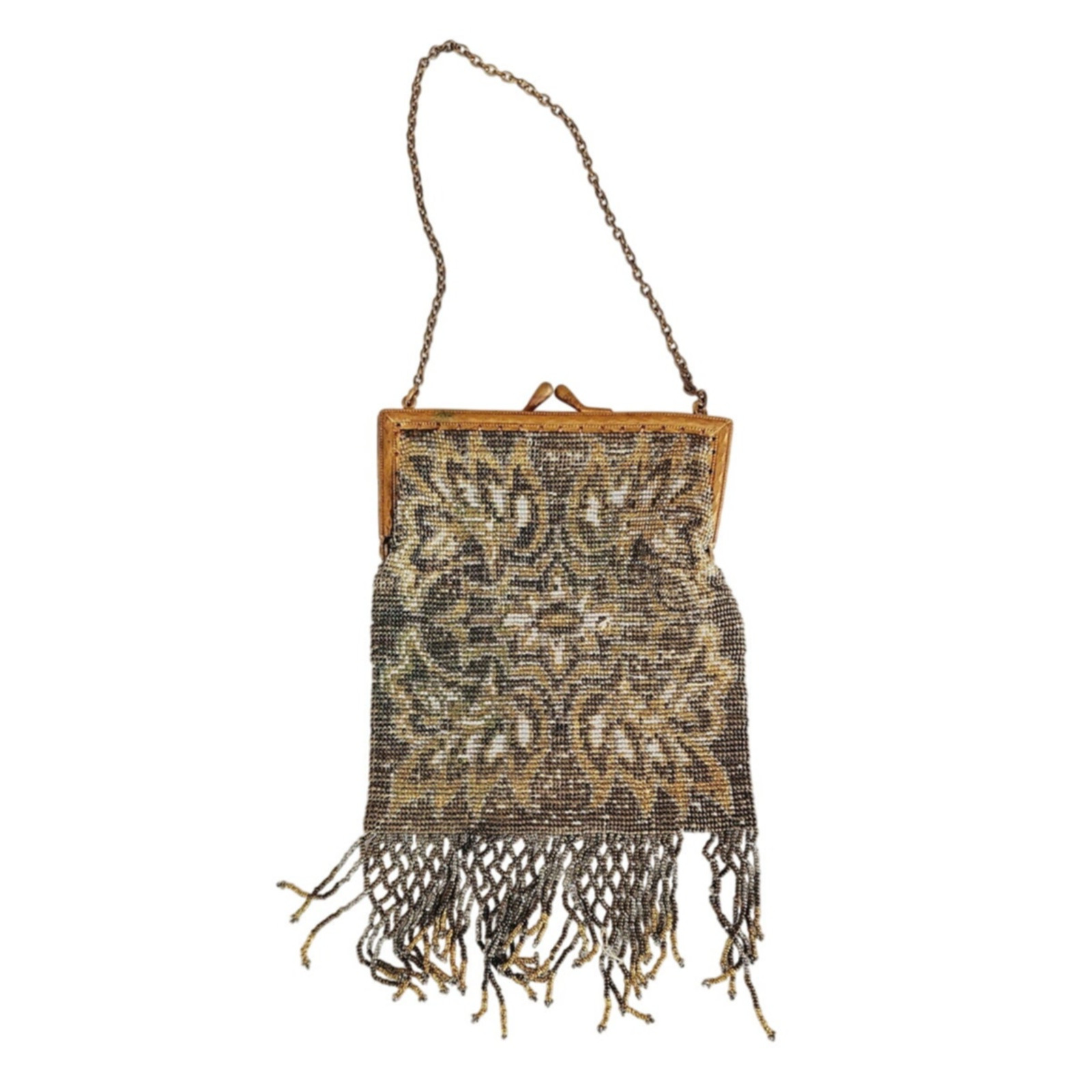 Antique Evening Bag Gold Microbeading Fringe Art Nouveau France