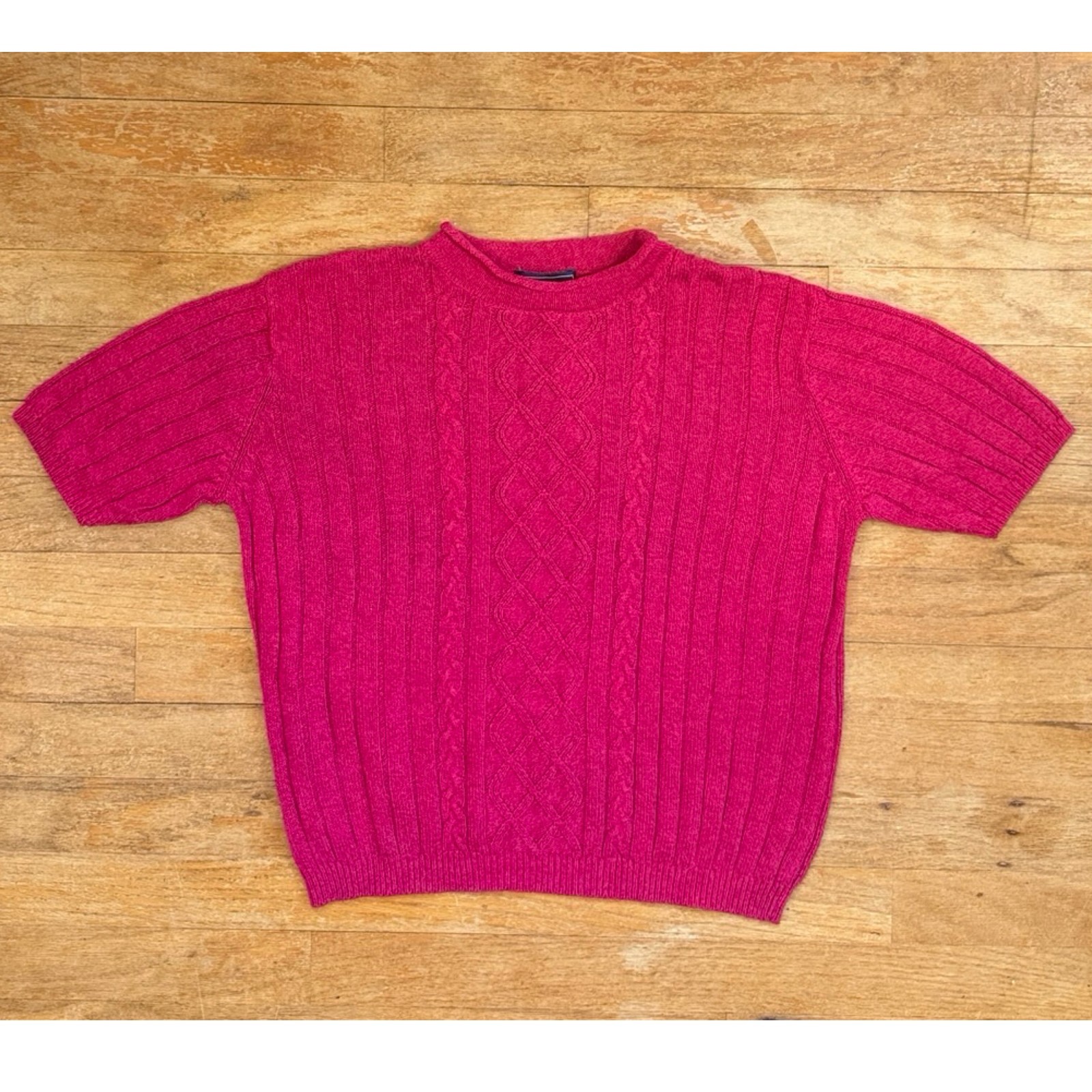 Vintage Pink Cable Knit Top Size Large 90s Rayon Cotton Knit Short Sleeve Ribbed
