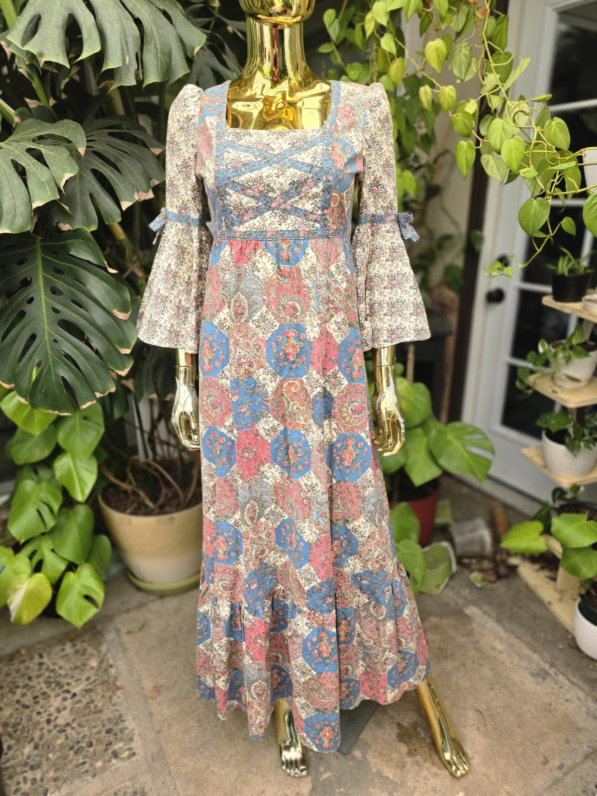 Vintage 1970s Vicky Vaught Prairie Maxi Dress Floral Patchwork Bell Sleeve S