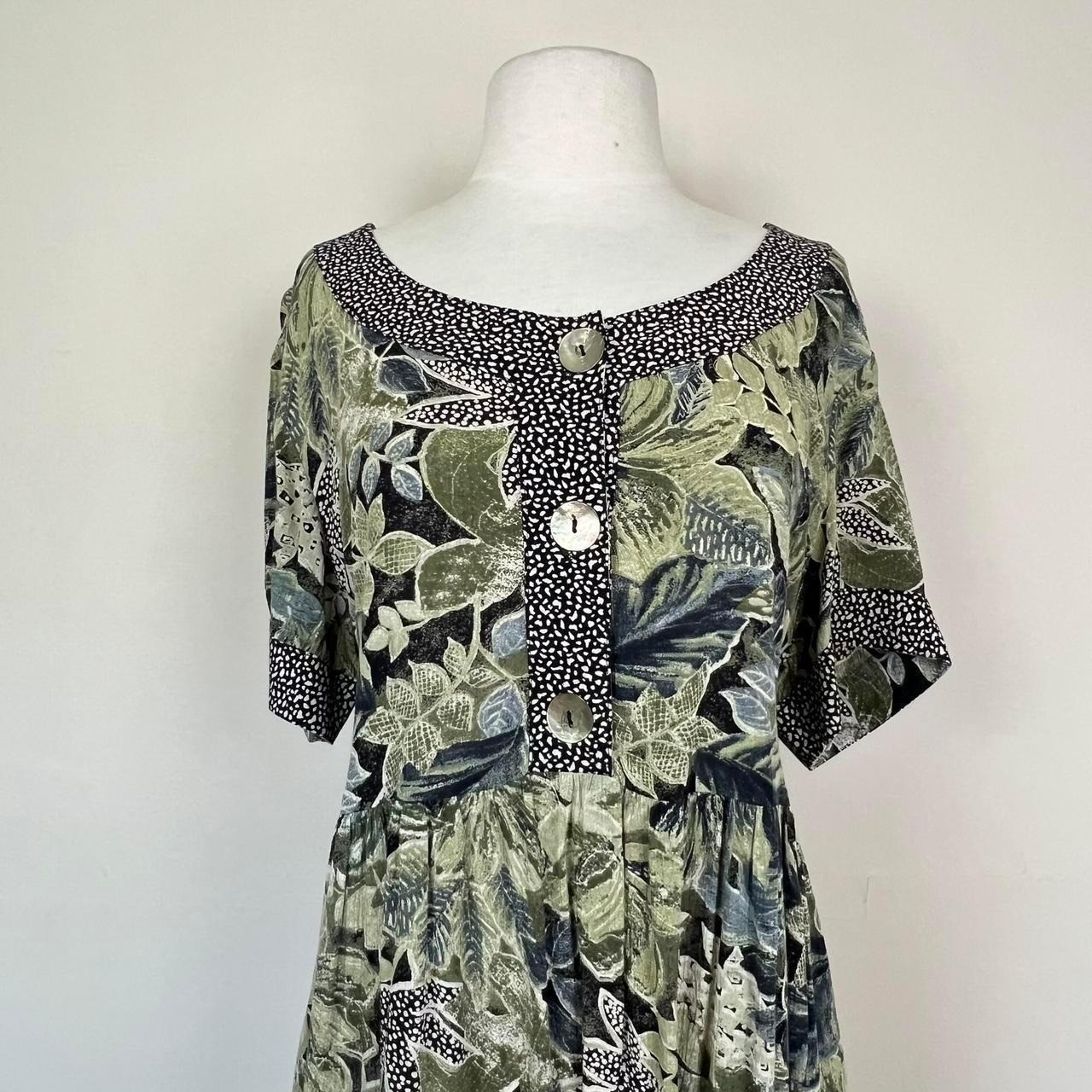 vintage 90s rayon gauze babydoll dress safari botanical plant floral boho hippie