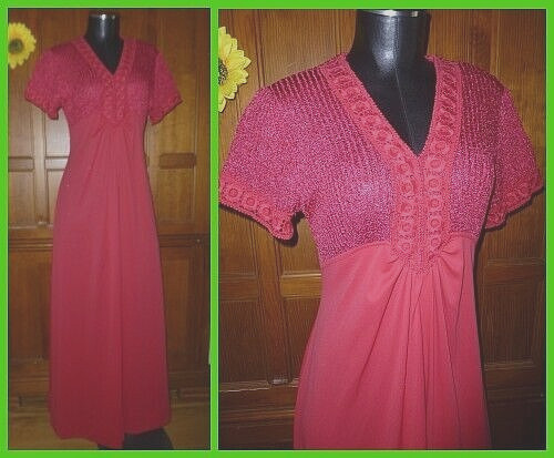 VTG 70s Maroon Jersey Knit Lace Hippie Boho Prairie Wedding Party Maxi DRESS