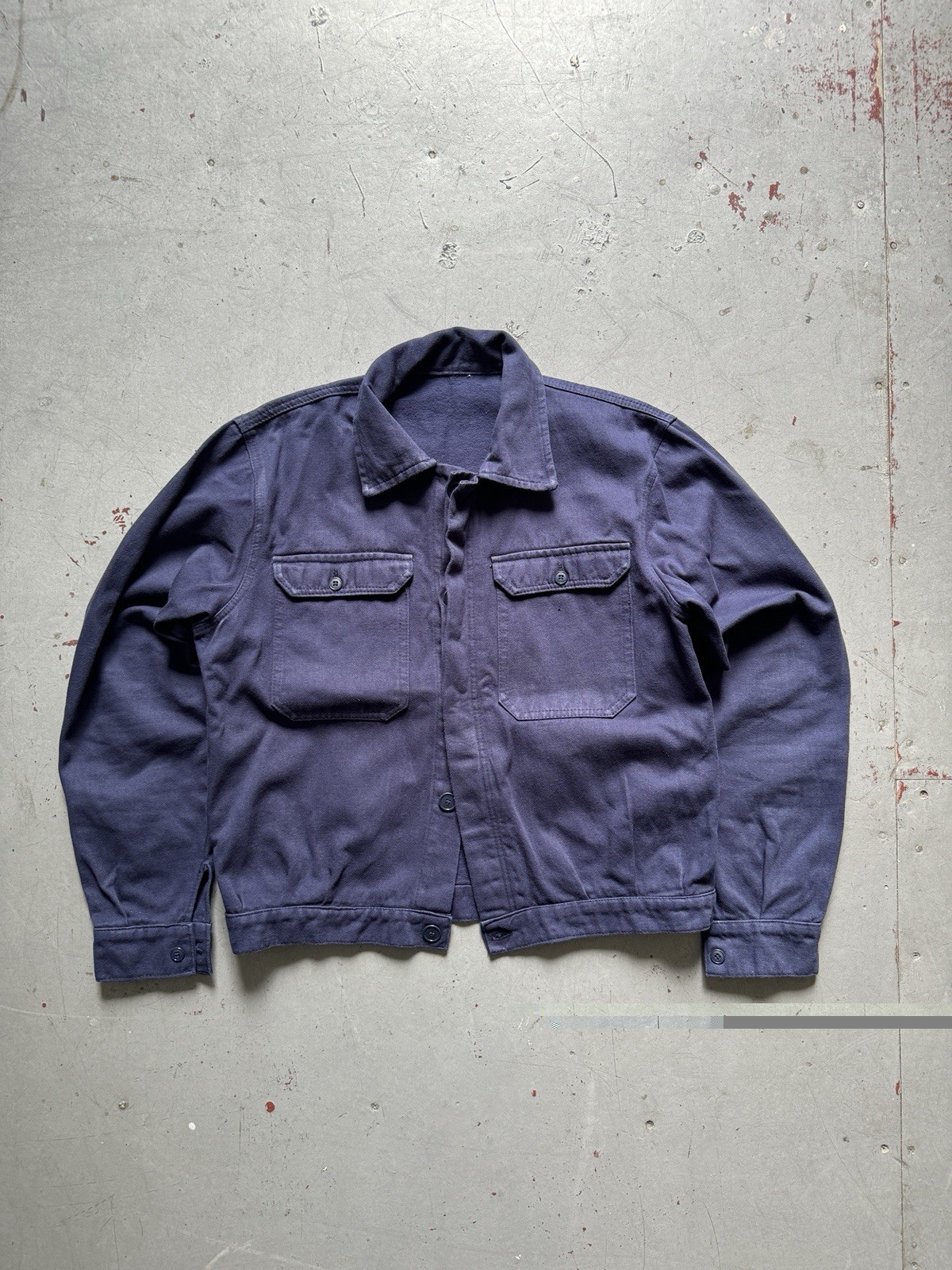 70s vintage French workwear cyclist moleskin worn faded blue short work jacket M