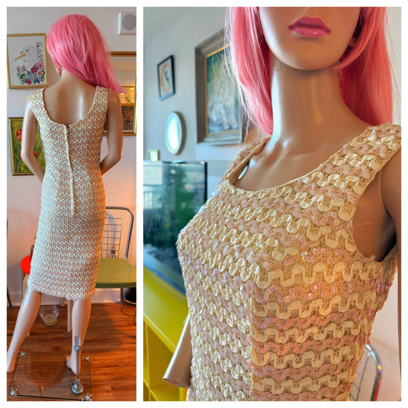 💖 Vtg 50s Pink White Sequin Knit Pinup Bombshell Bodycon Glimmer Dress S M
