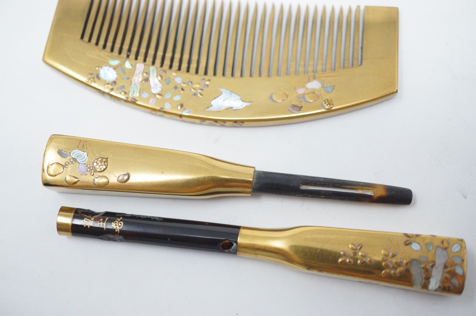 Japanese Hairpin & Haircomb Set Kougai Gold Makie & Signed from Japan 1114F15