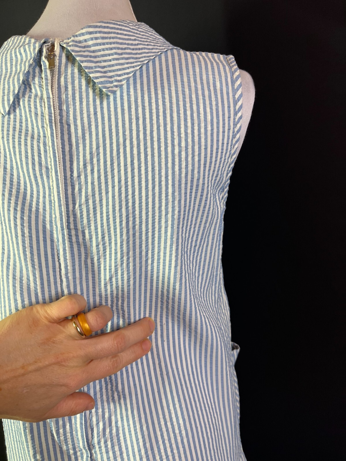 Vintage 70s Sears Size 12 1/2 Blue Stripe Seersucker Dress Sleeveless Drop Waist