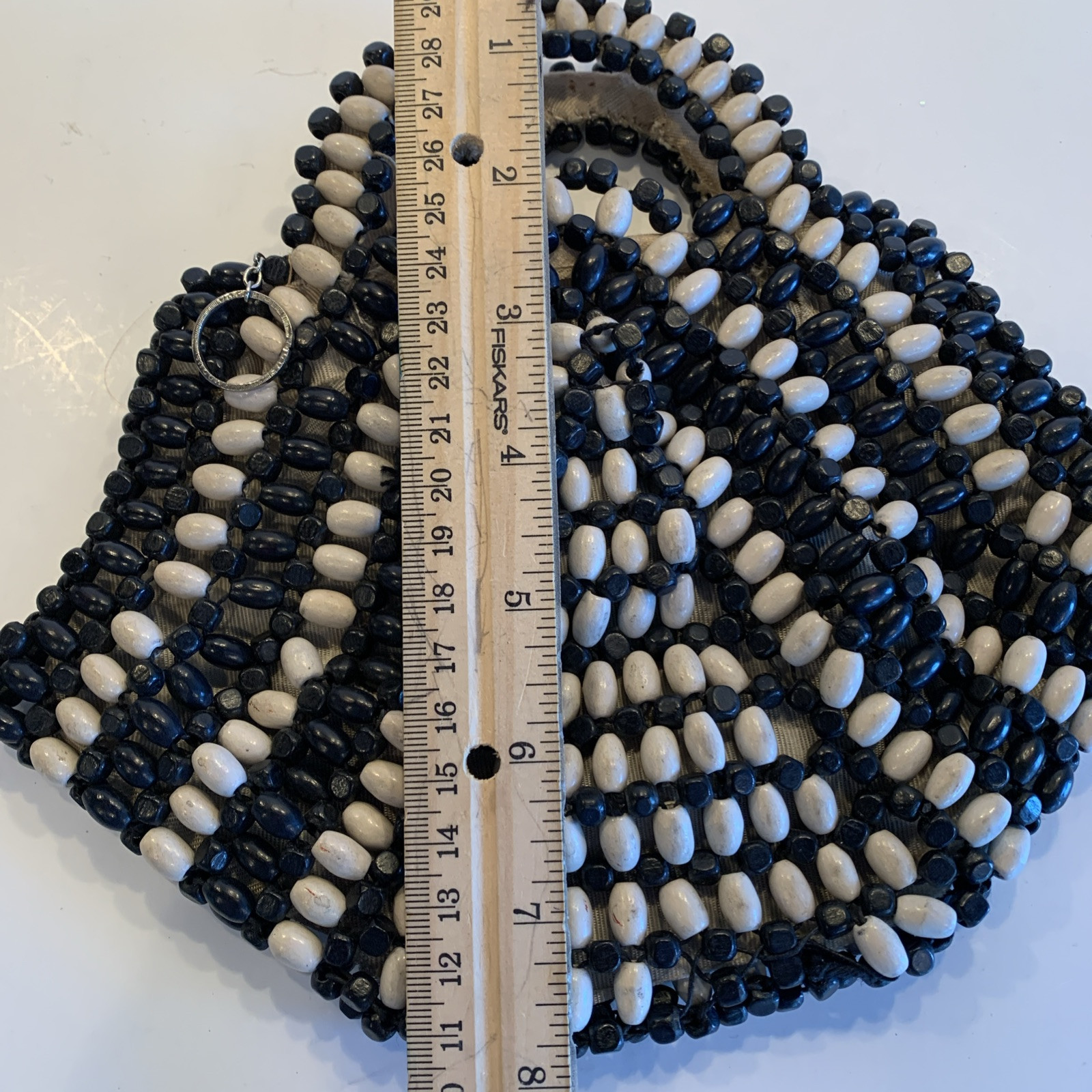 Art Deco Vintage Small Clutch Czech Black And White Wood Beads Zippered Purse