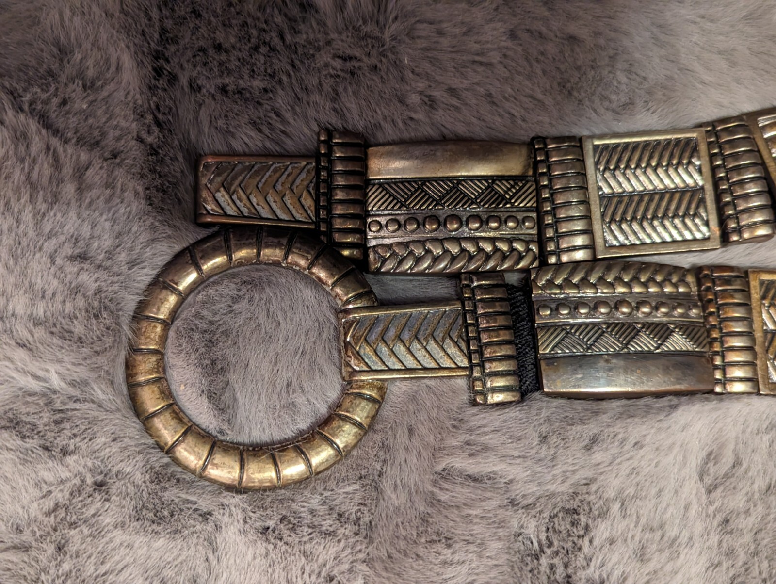 Chicos Belt Black Leather and Distressed Ornamental Metal Segments 40 Inches