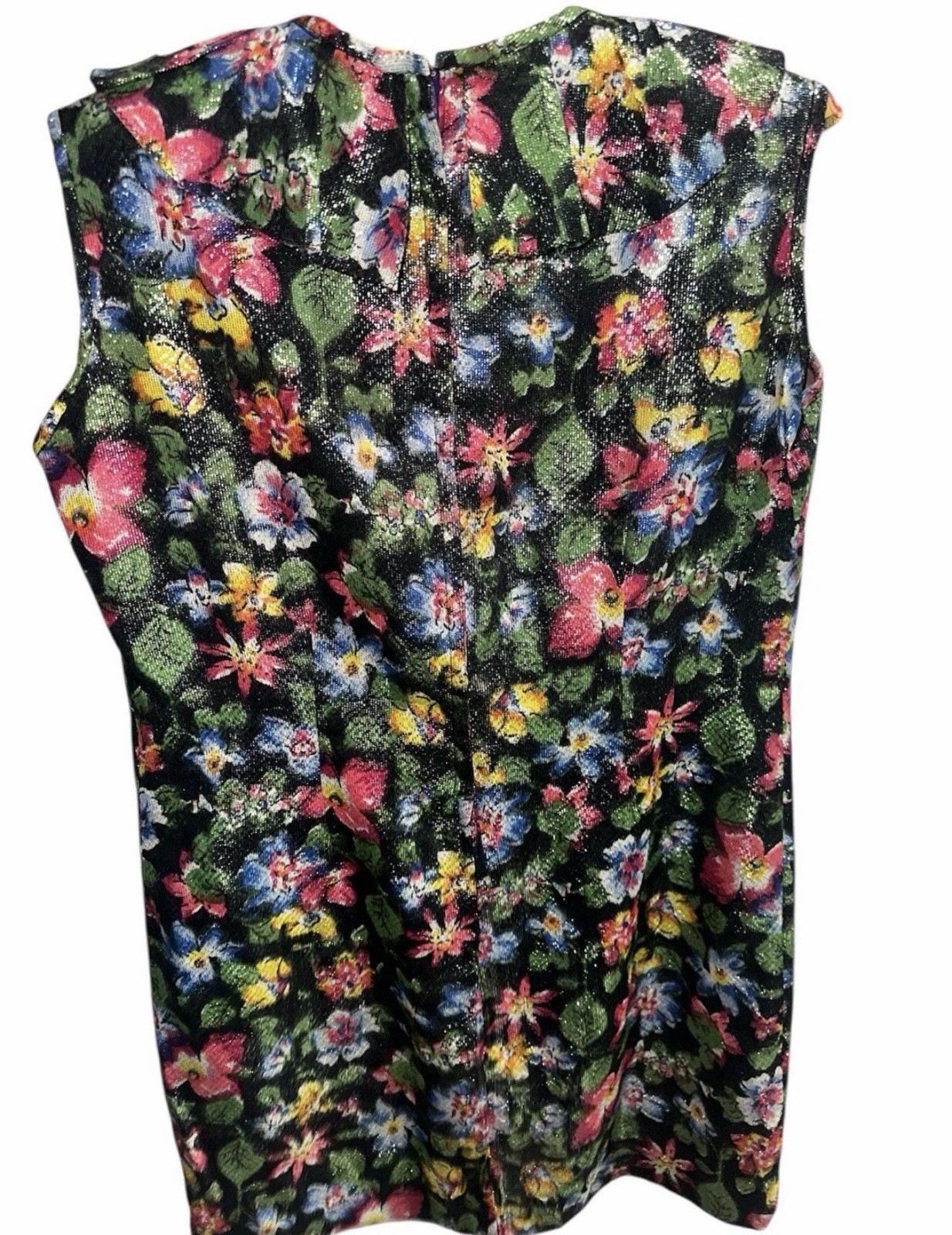 True Vintage 60s 70s Lurex Mini Dress S Black Floral Metallic Mod Party Shift