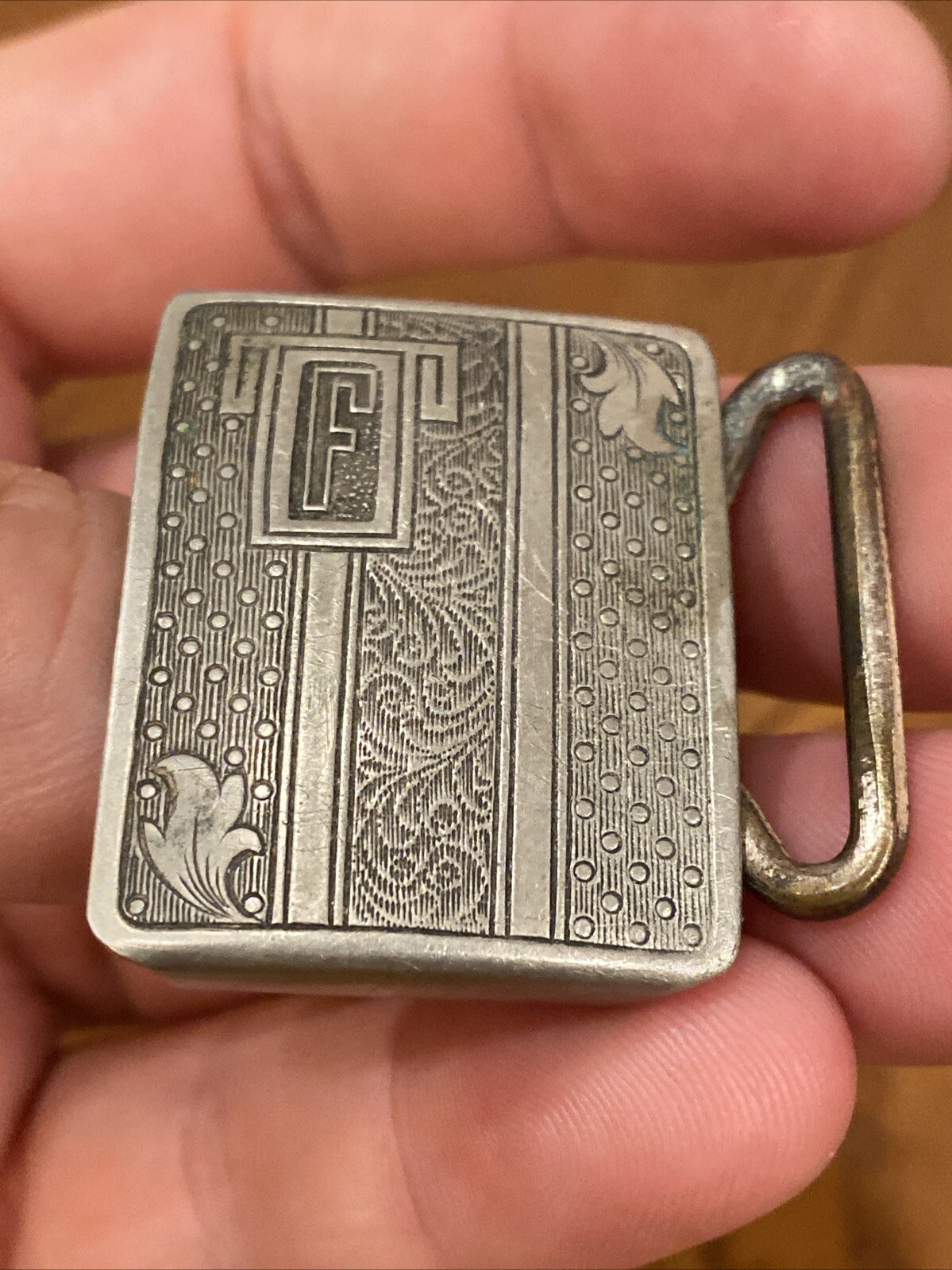 Antique SILVER PLATED PATD BELT BUCKLE LEAF MOTIF Fine Details Art Deco Mono F