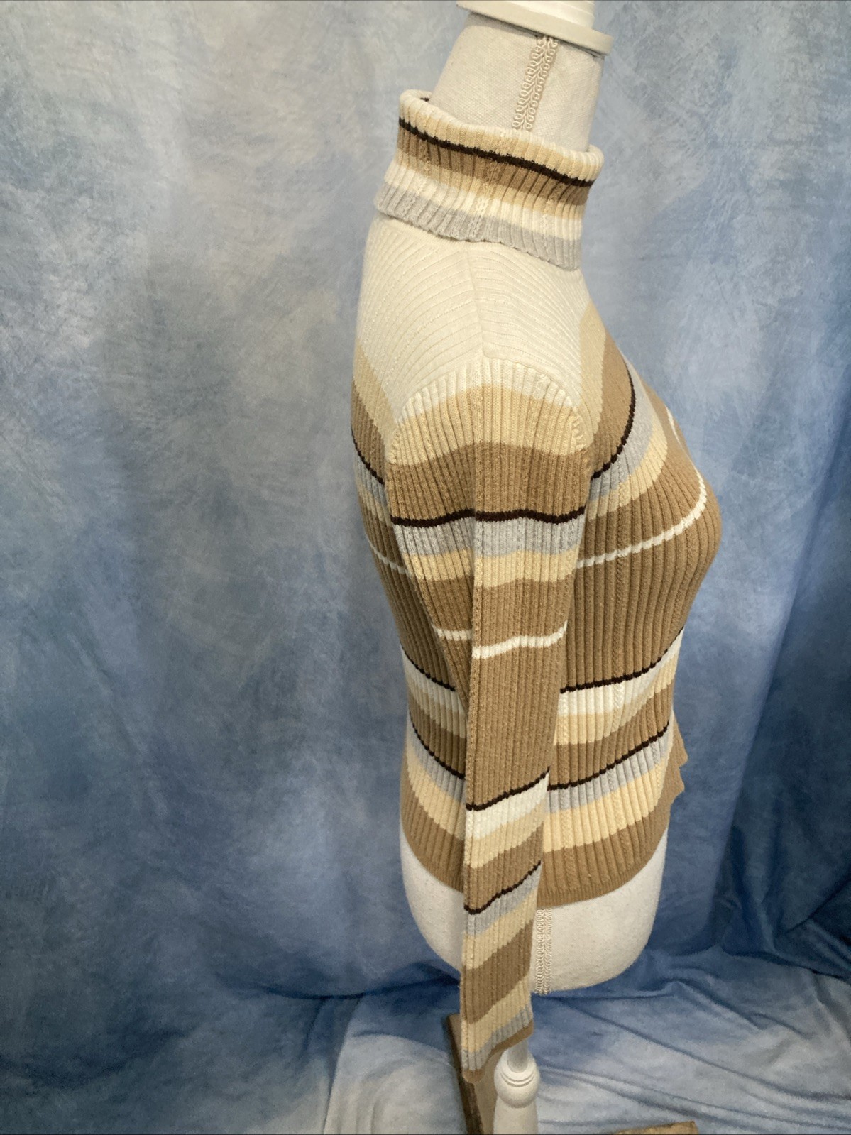 Vtg 90s Liz Claiborne Lizsport Striped Ribbed Turtleneck Sweater Cotton Petite
