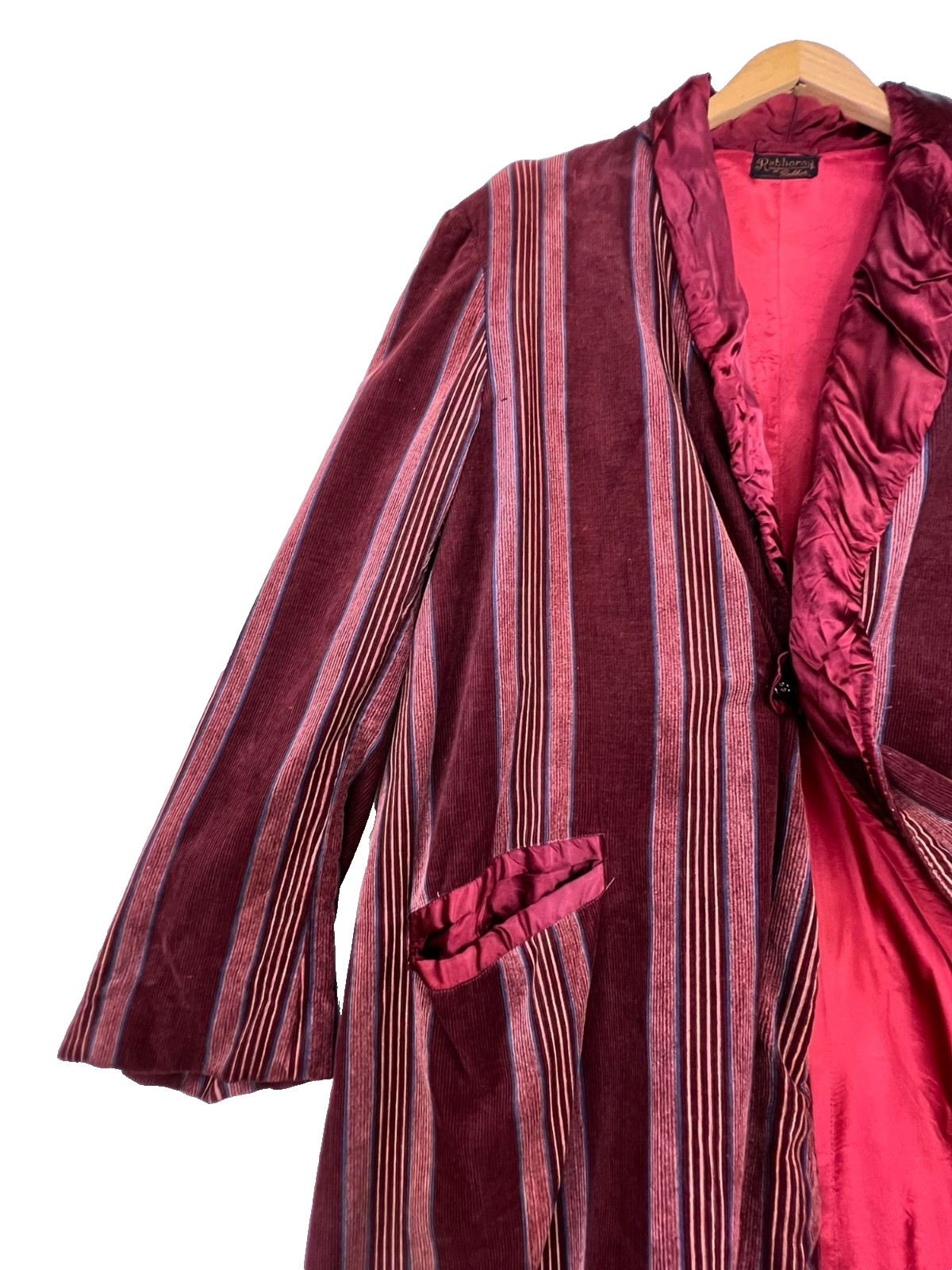 Vintage Rabhor Mens Corduroy Smoking Robe Long Sleeve Burgundy Stripe Pocket