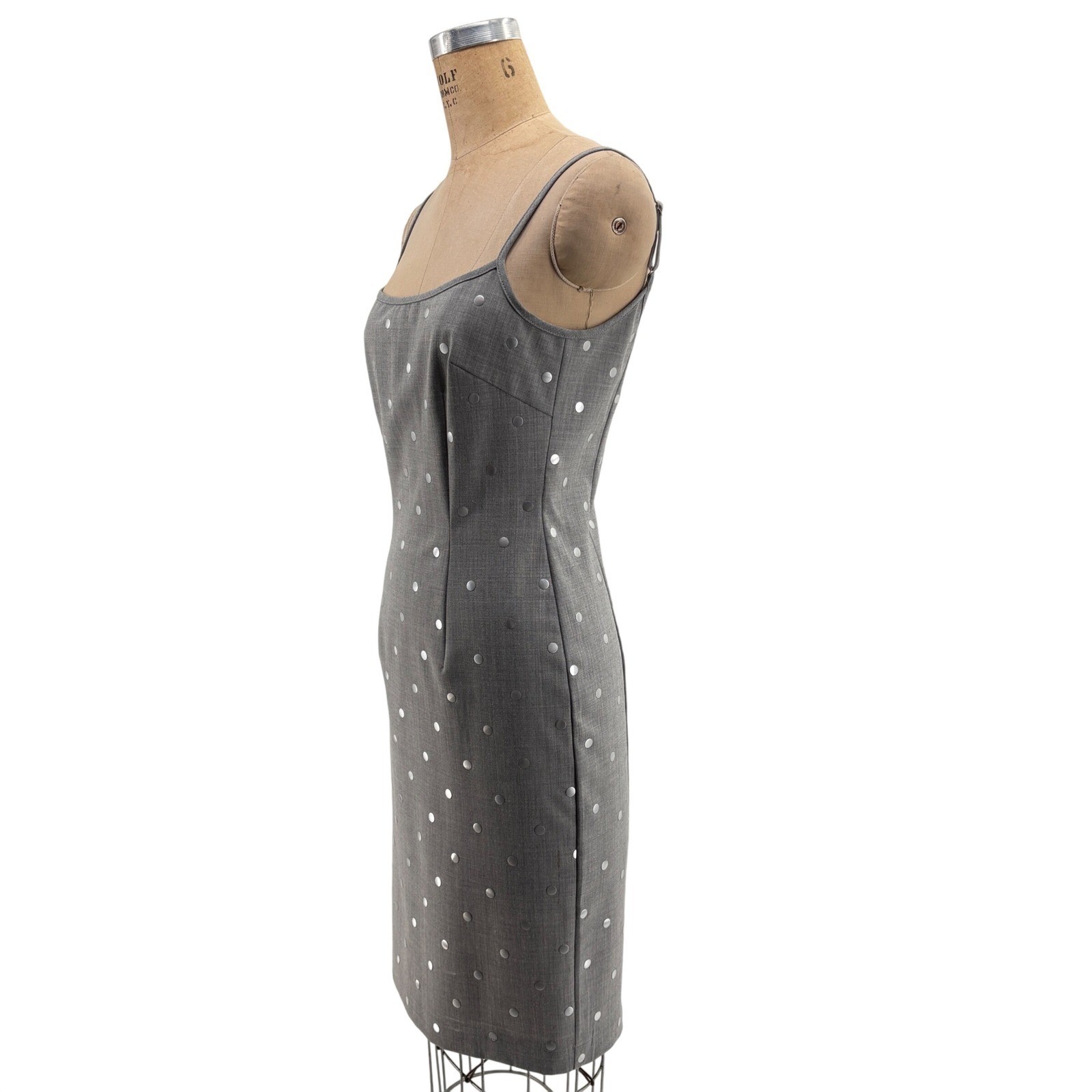 Moschino Jeans Gray Wool Blend Silver Polka Dot Midi Sheath Dress 10/44 Stylish