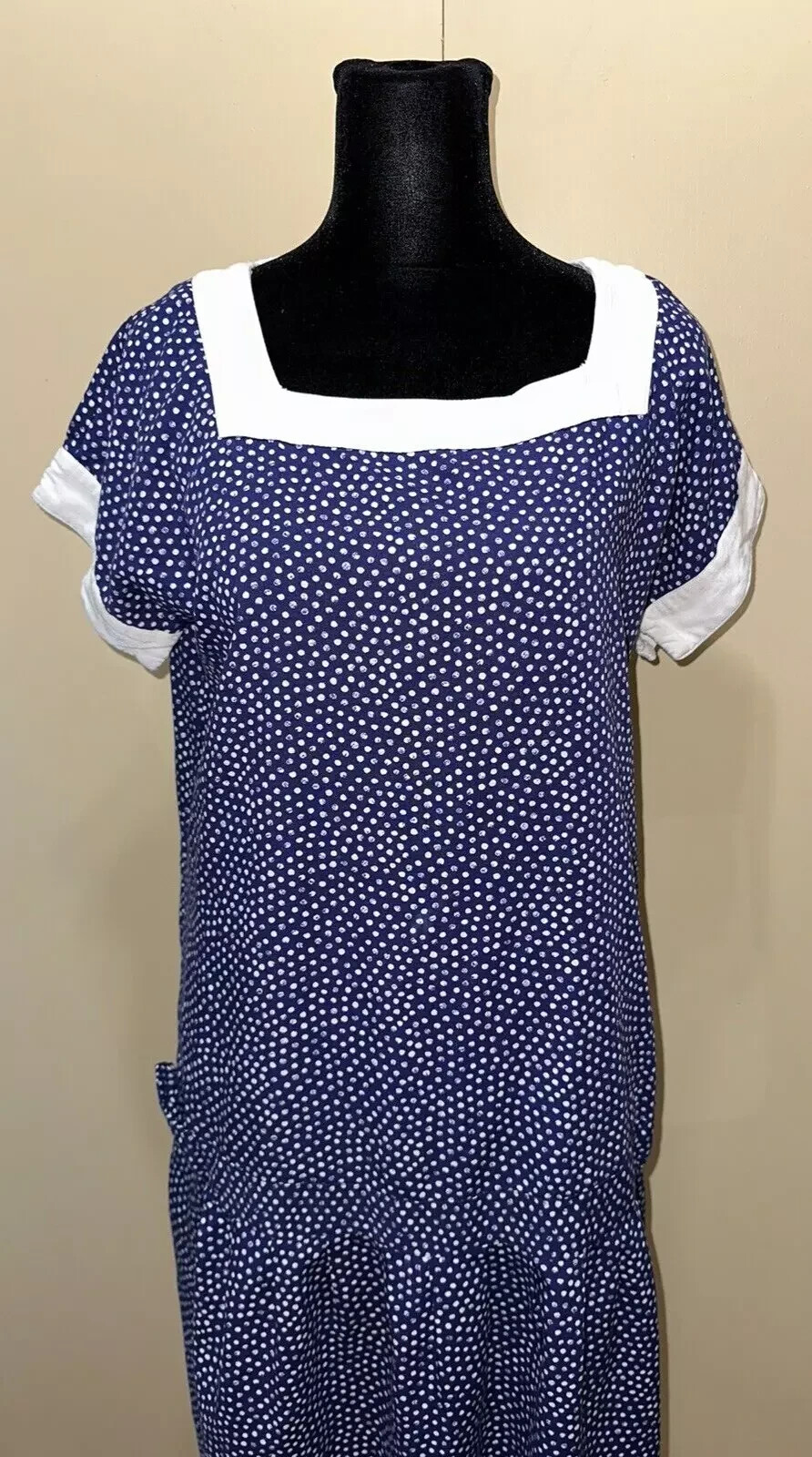 Vintage 1960s Mothers Work Maternity Dress Blue Polka Dot Drop Waist s114