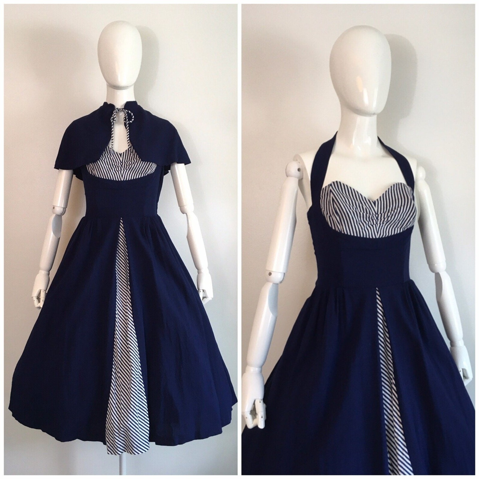 1950s Vintage Navy Blue Linen Halter Dress Cape Set | Small