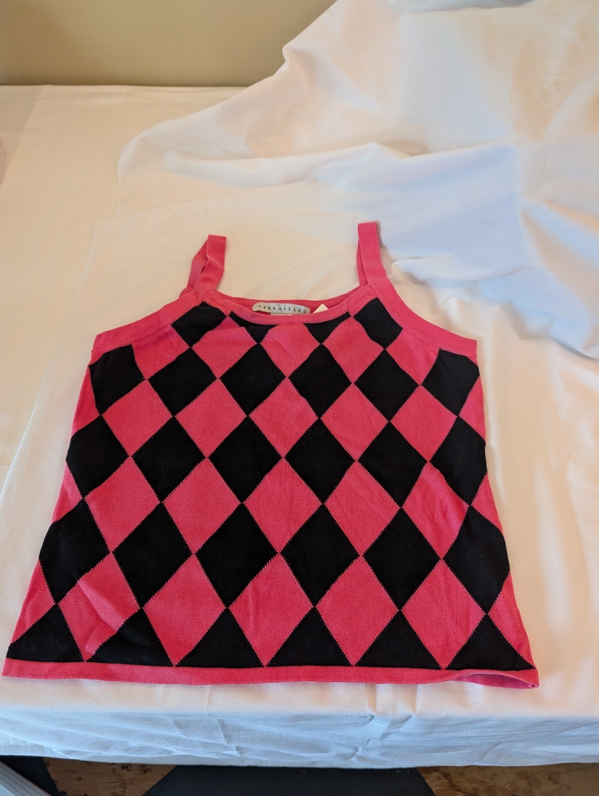 Vintage 1990s Hot Pink & Black Diamond Check Tank. Versailles. Size Large