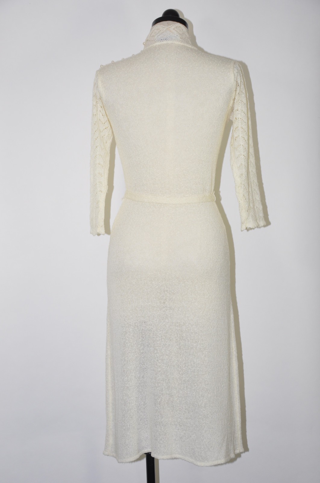 70s Vintage Cream Off White Pointelle Knit High Neck Pearl Sweater Dress Women M