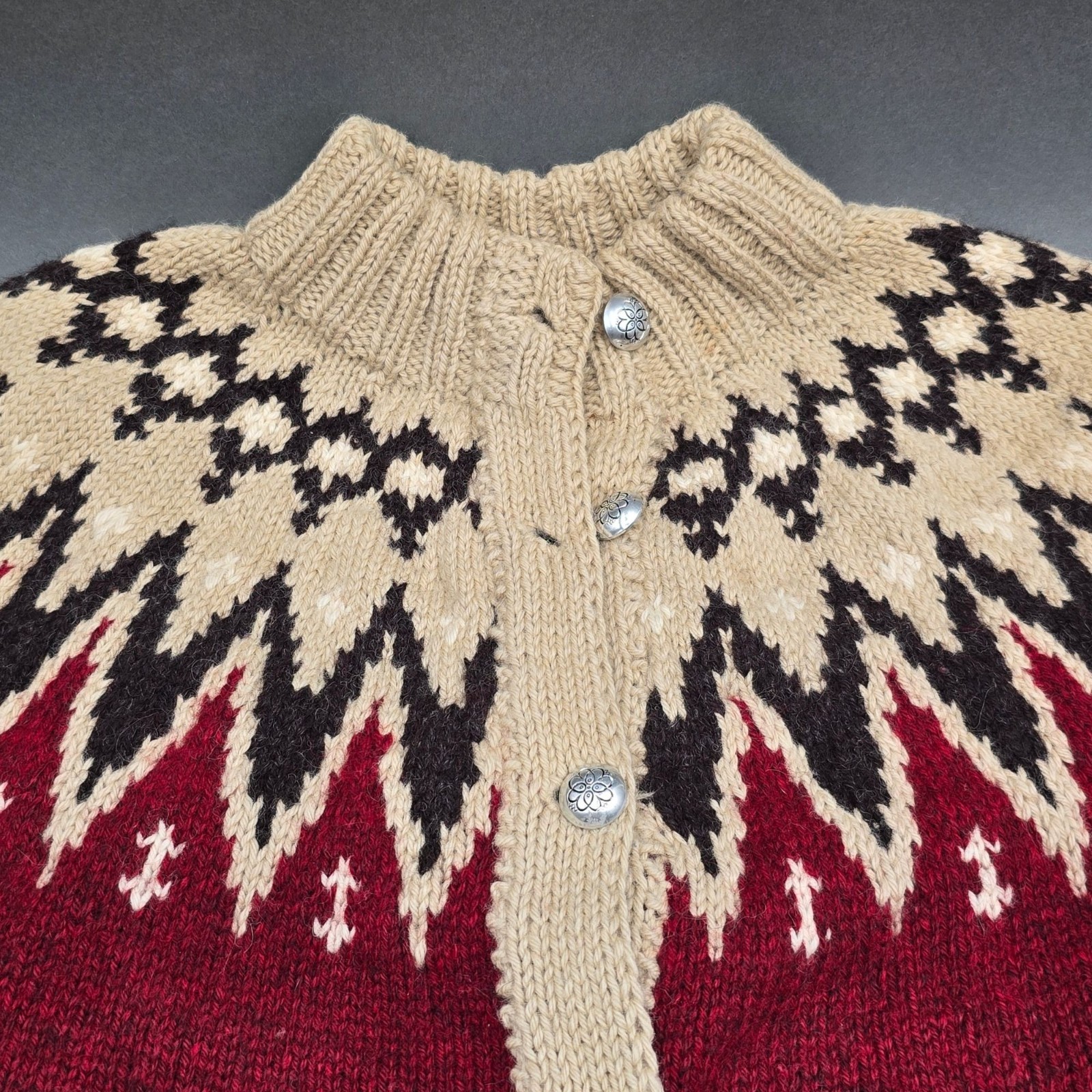 VTG CJ Viking Danish Wool Cardigan Sweater Med Red Tan Fair Isle Denmark Folk