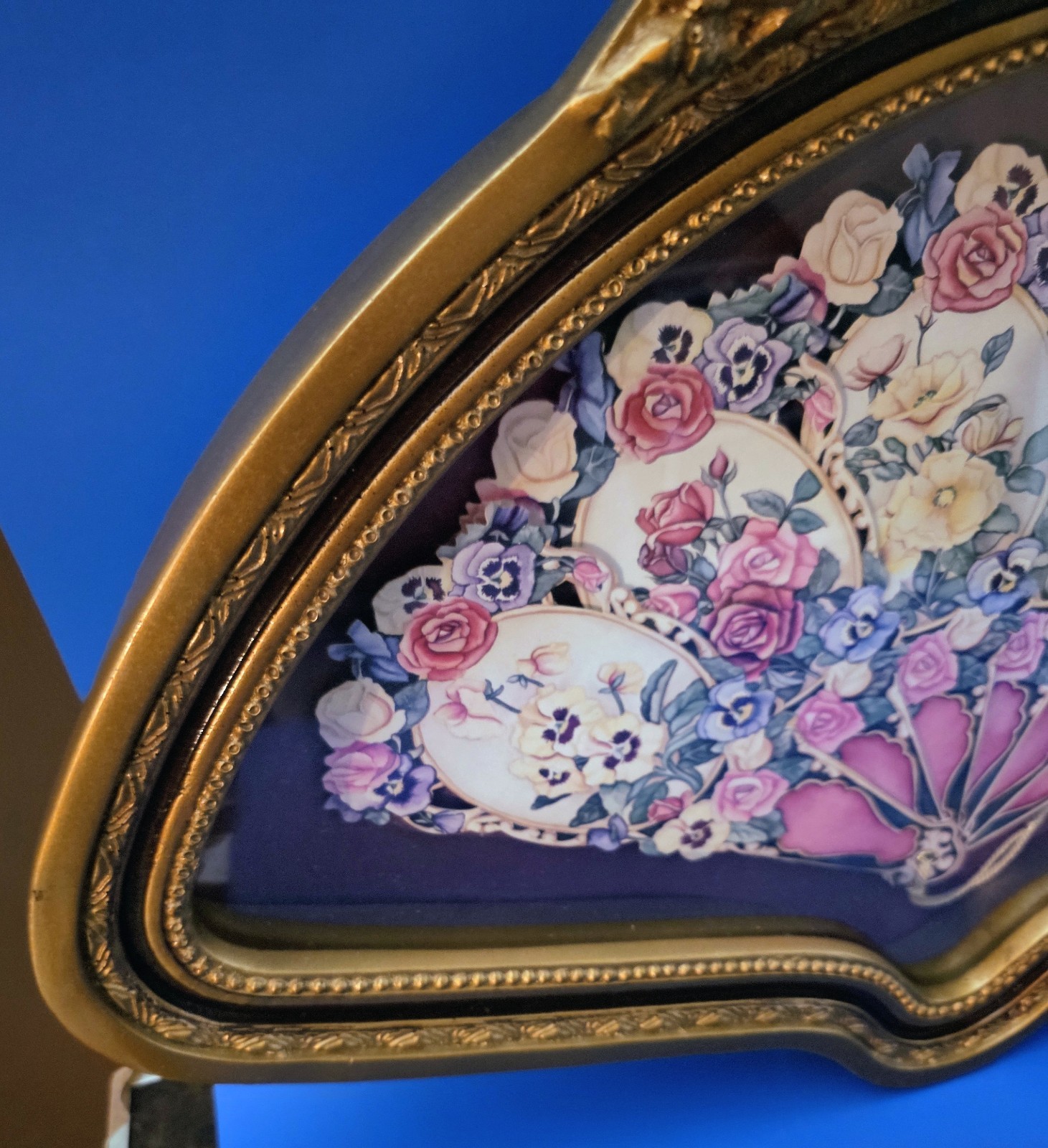 Vintage Paper Fan Framed Gold Plastic Shadow Box Victorian Style Pink Flowers