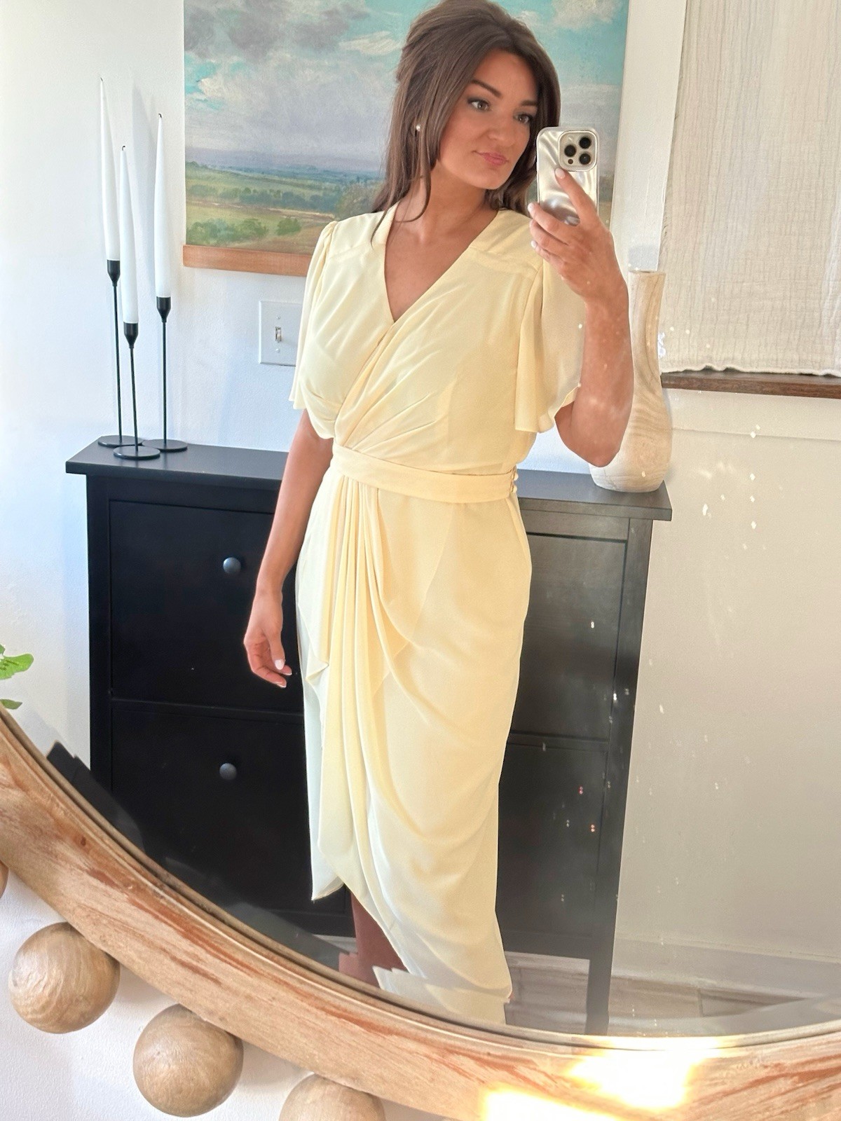 Vintage Miss Elliette California Size 12 Butter Yellow Ruffle Belted Midi Dress