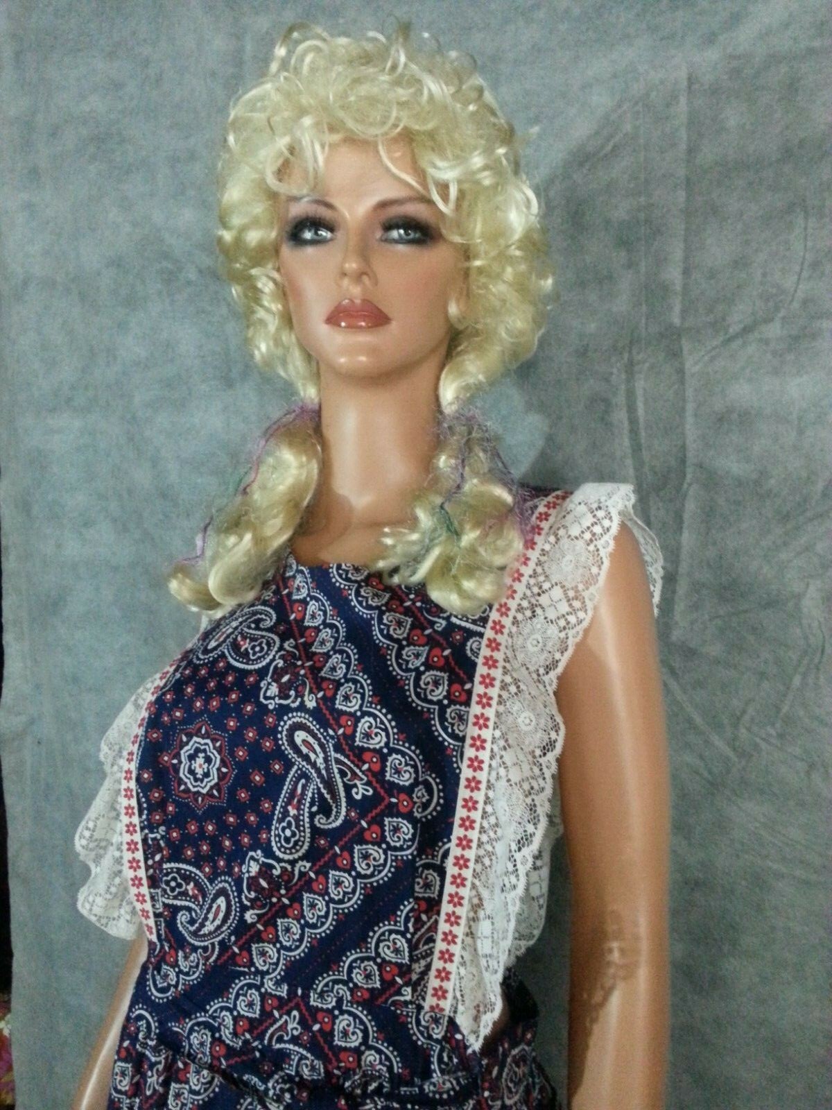 Vtg 70s Maxi Wrap Dress Apron Bib Red White Blue Floral Paisley Lace Free Reg