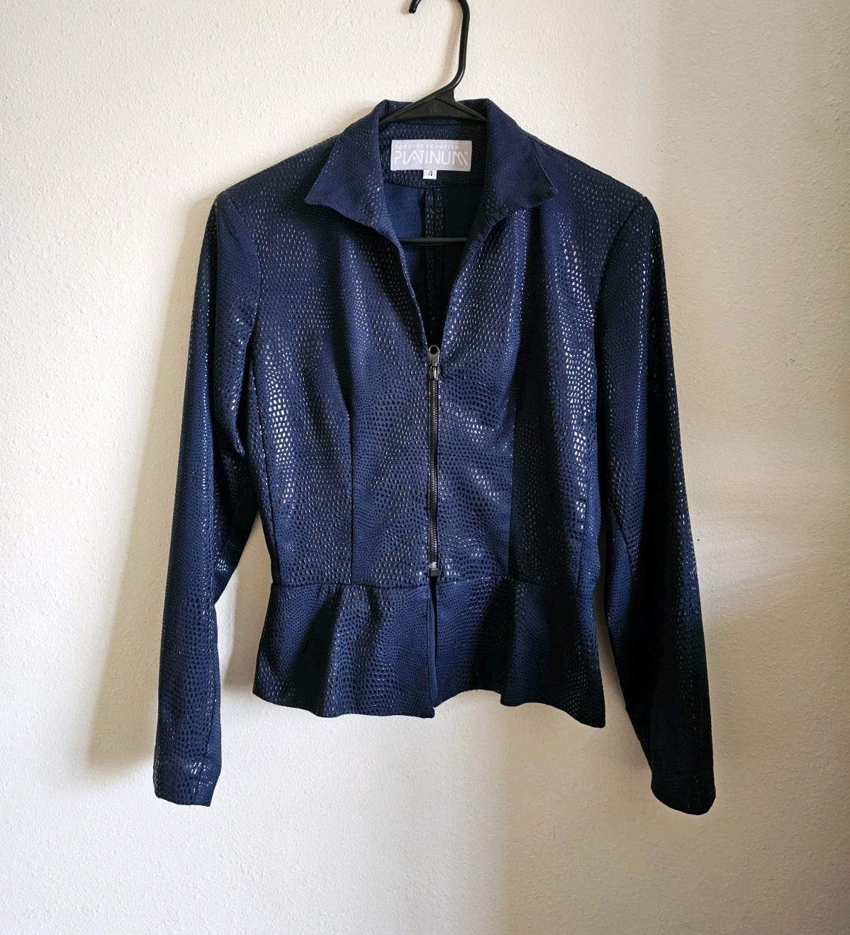 Vintage 1971 Navy Blue Snakeskin Print Jacket with Zipper and Ruffled Hem Size M