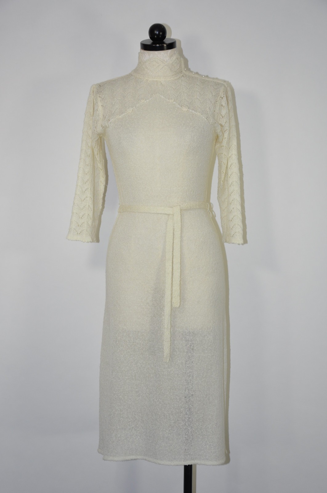 70s Vintage Cream Off White Pointelle Knit High Neck Pearl Sweater Dress Women M