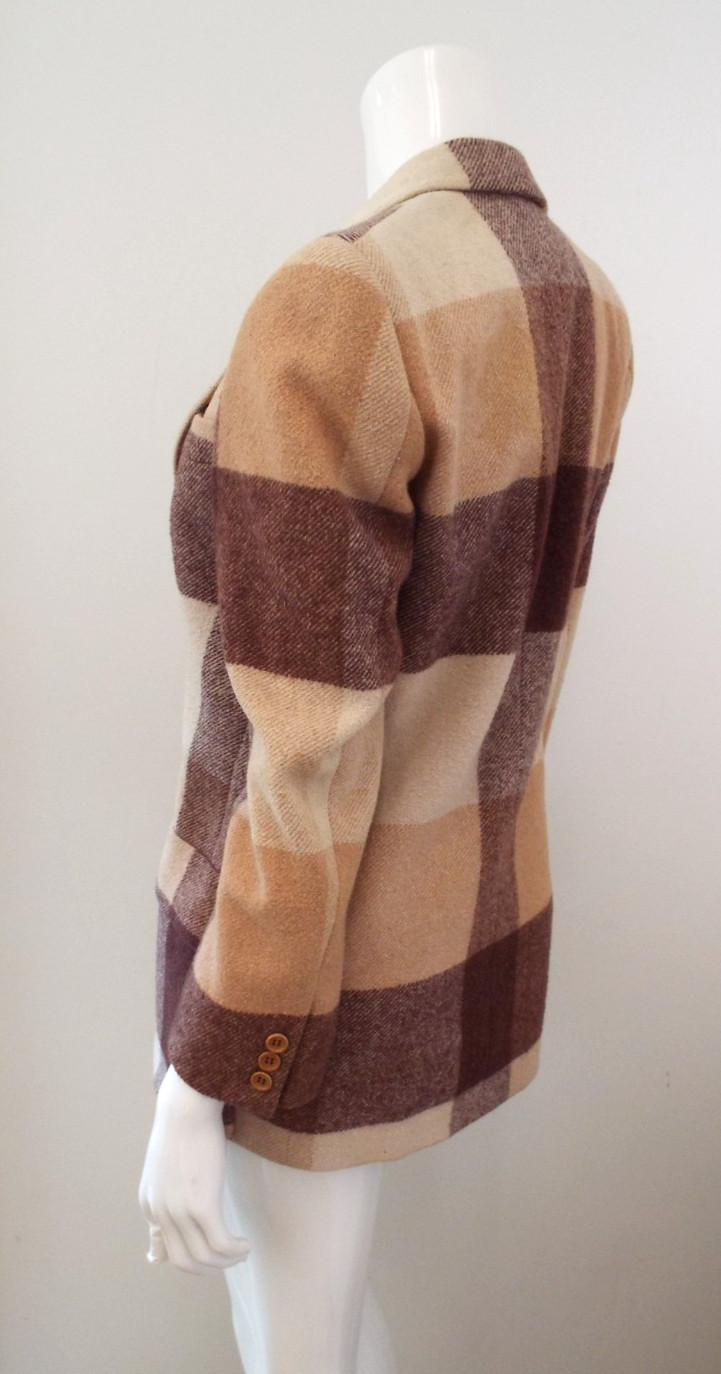Vintage Giorgio Armani Wool Plaid Color Block Coat Jacket Italy 1980s 90s Small