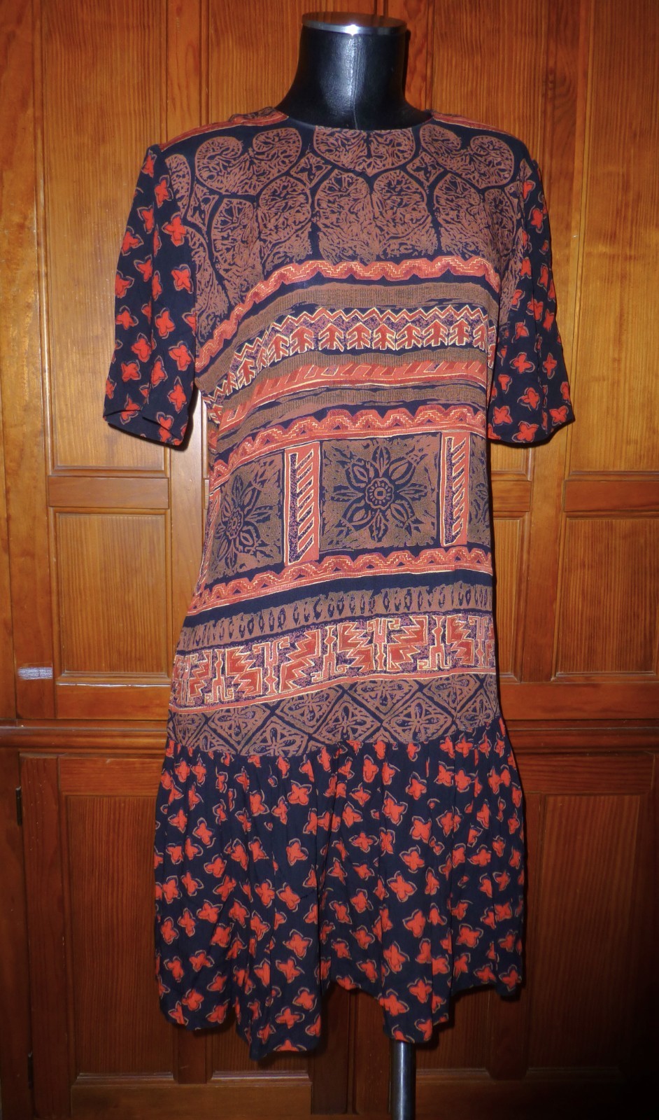 VTG Carole Little German RAYON Mix Print Drop Waist Ruffle Dress Summer Vacay