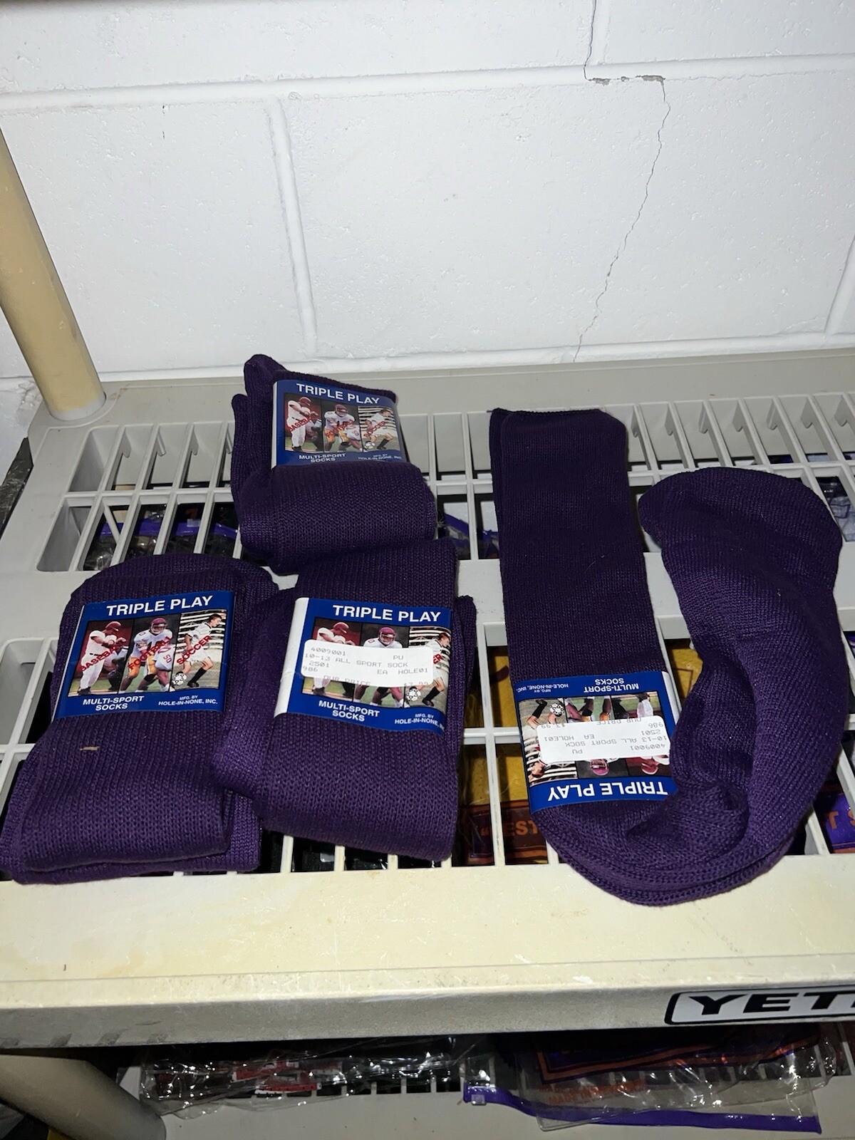 Vintage “hole in none” Triple play sports socks purple football soccer baseball