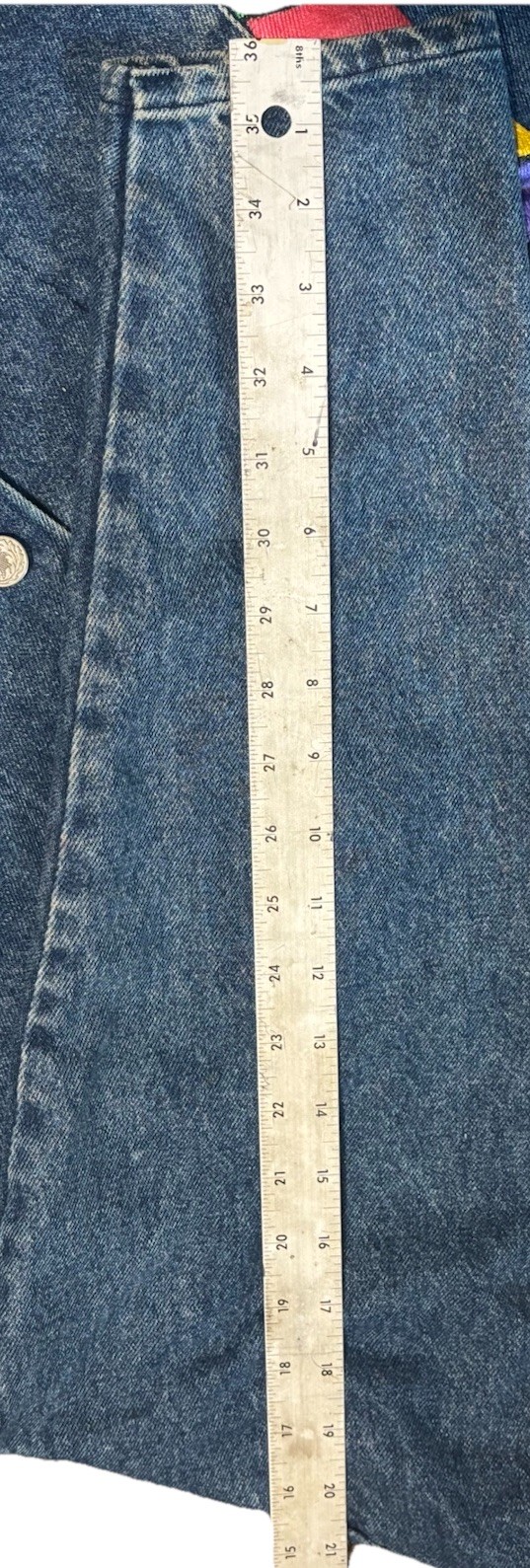 vintage 90s denim duster coat made In USA custom geometric embellishments Size M