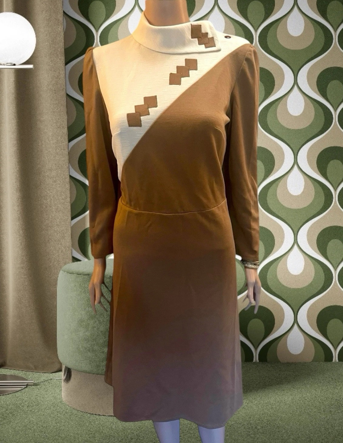 Vintage Dress 1950s Embroidered Geo Colour Block Mod Futuristic Art Deco M