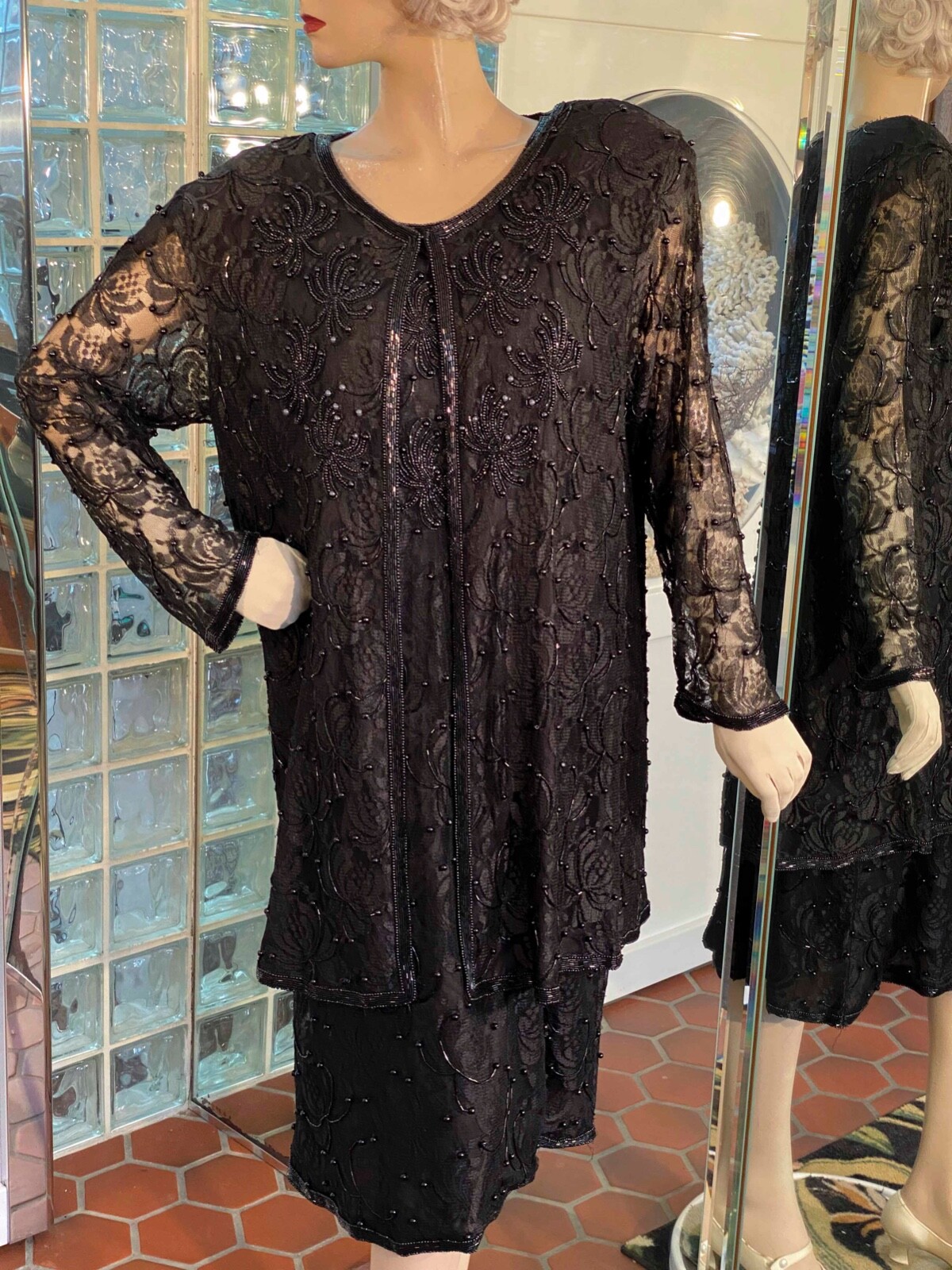Black Lace Sequins Dress & Jacket 2pc size 18 GUNIT Flapper Gatsby inspired