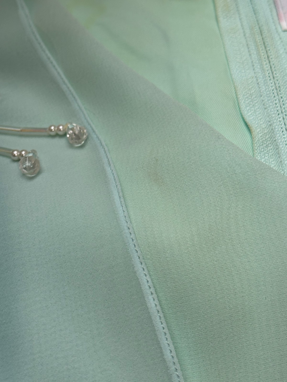 Vintage 1970-80’s Miss Elliette Aqua Green Lined Chiffon Dress w Beaded Shoulder