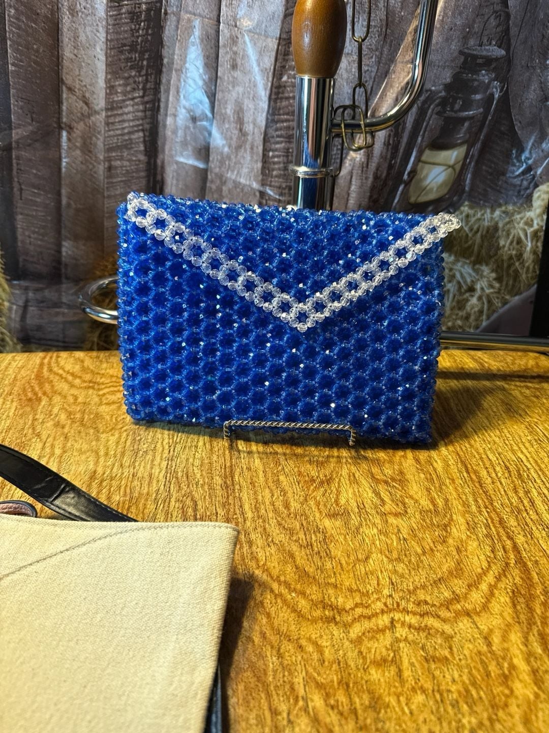 Vintage Royal Blue and Clear Crystal Beaded Envelope Clutch with Satin Lining