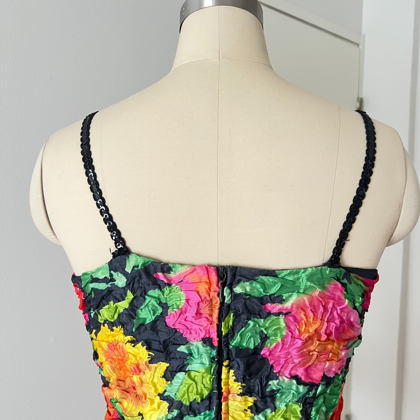 1980s Floral Taffeta Cocktail Party Dress Tiered Retro Prom Evening Gown Retro