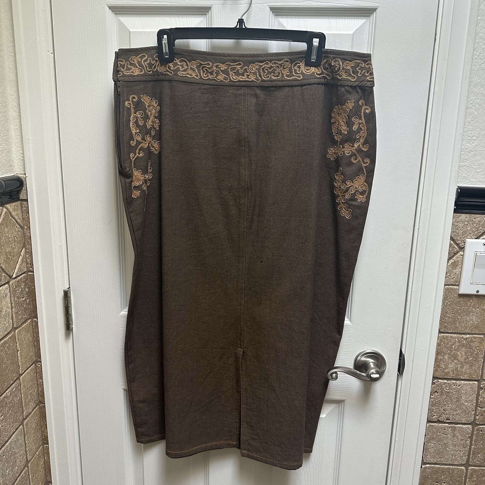 Vtg Studio Ease 2 Piece Brown Embroidered Suit Western Boho Embroidered Size 16