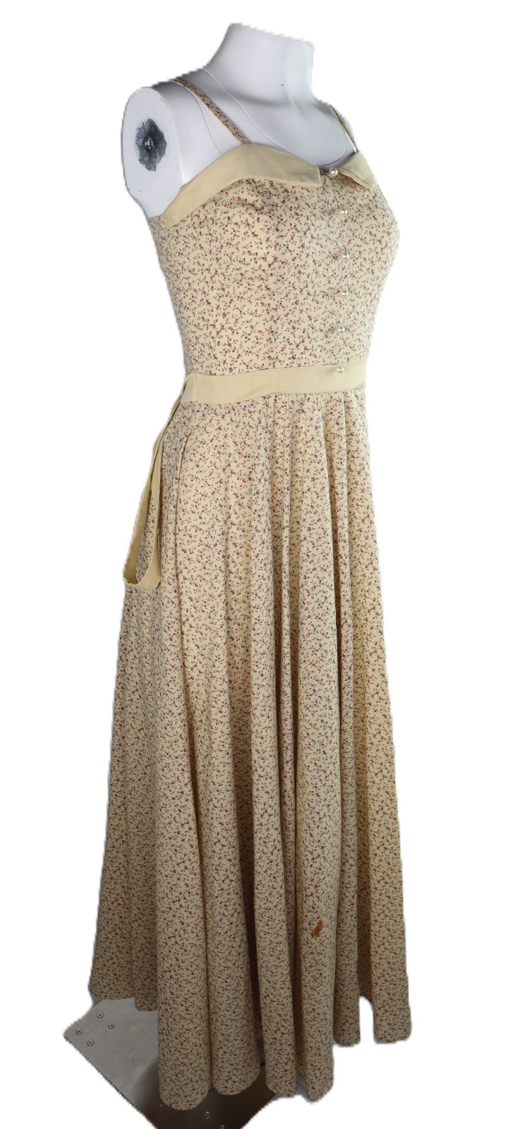 VTG 70s Women’s XS Cottage Core Prairie Maxi Floral Cotton Voile Beige Dress