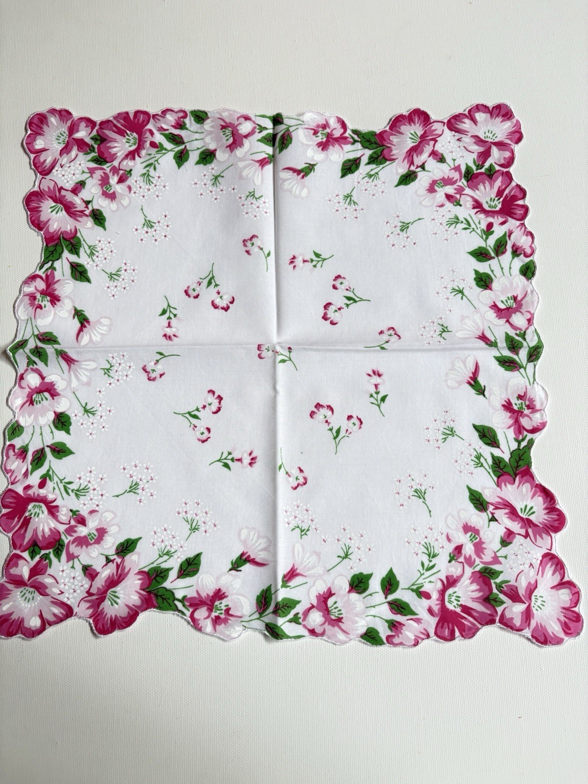 Beautiful New LuRay Pink Azalea Handkerchief Hankie With Scalloped Border