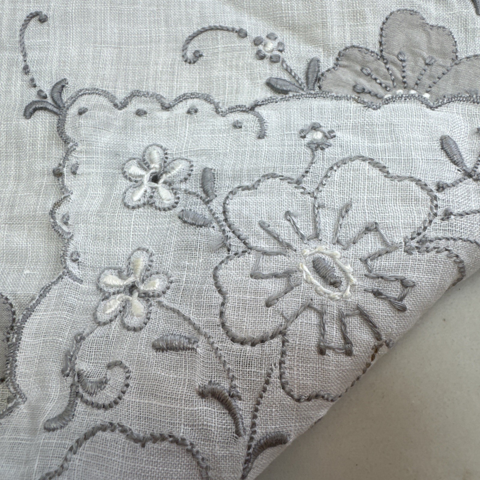 Vintage Gray Appliqué Embroidery Ribbon And Floral On Handkerchief 12” Square