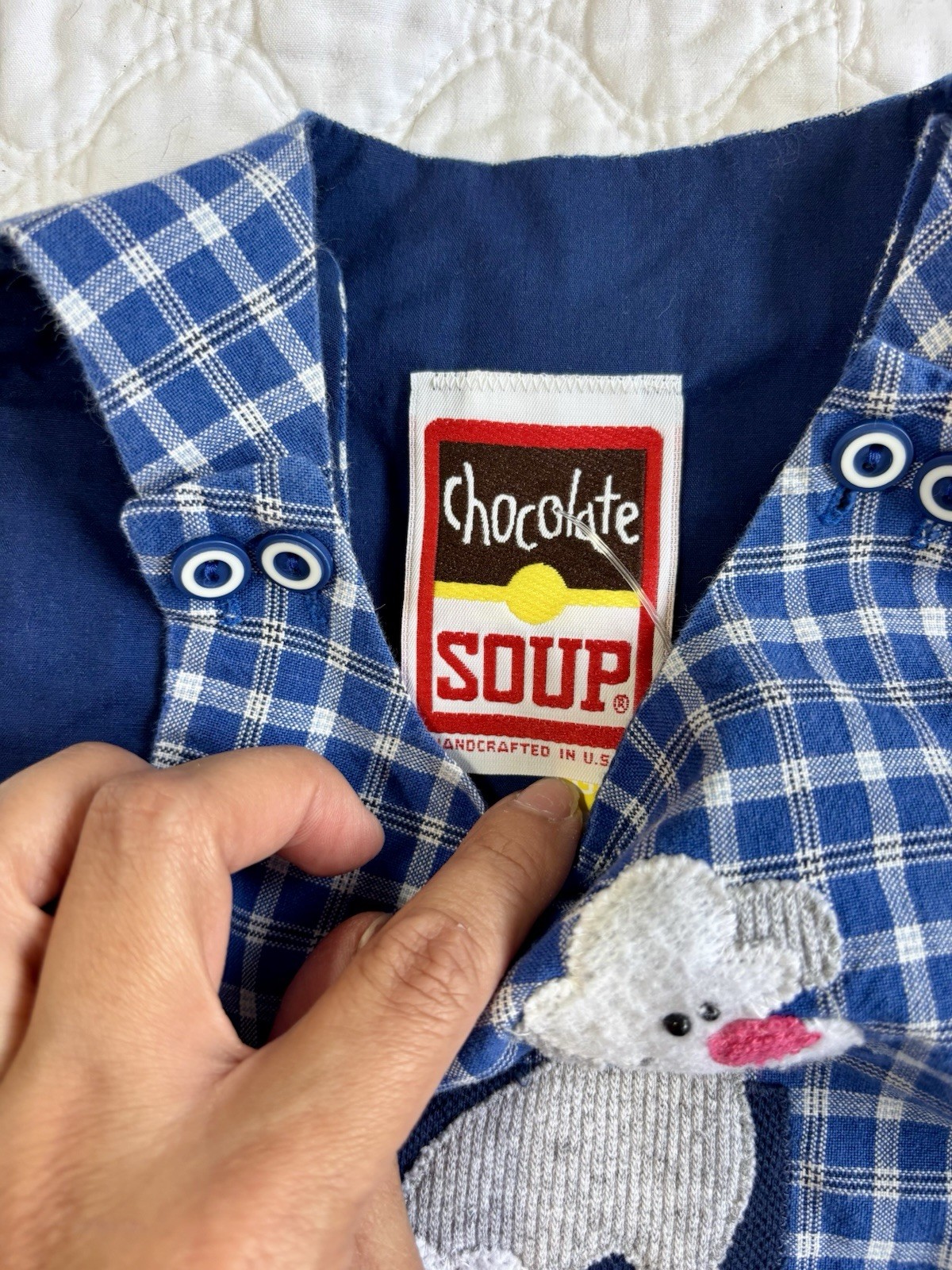 VTG CHOCOLATE SOUP Blue & White Jumper Dress 4T White And Gray Poodle RARE