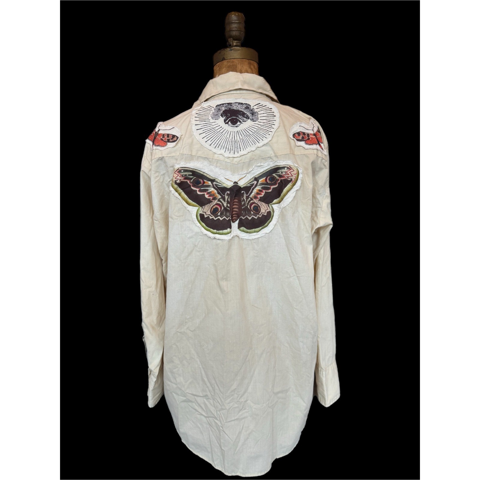 Vintage Western Shirt Moth Eye Patch Folk Art Boho Size L