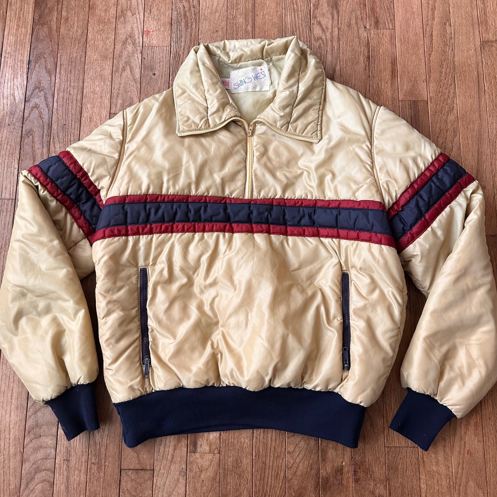 Vintage 70s Swing West Ski Jacket Mens XL Puffer Striped Tan Winter Made in USA