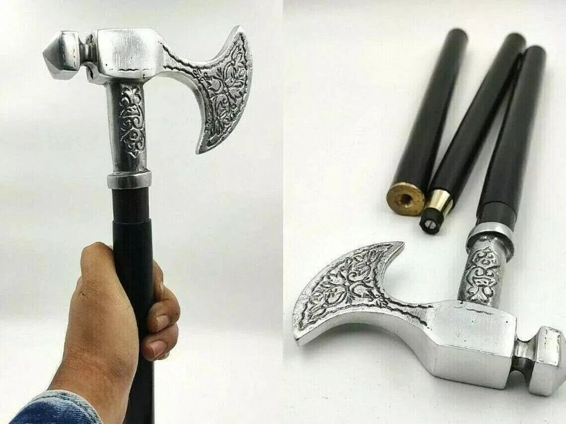 Handmade Walking Stick Wooden Cane Axe Head Handle Victorian Style Viking Gift