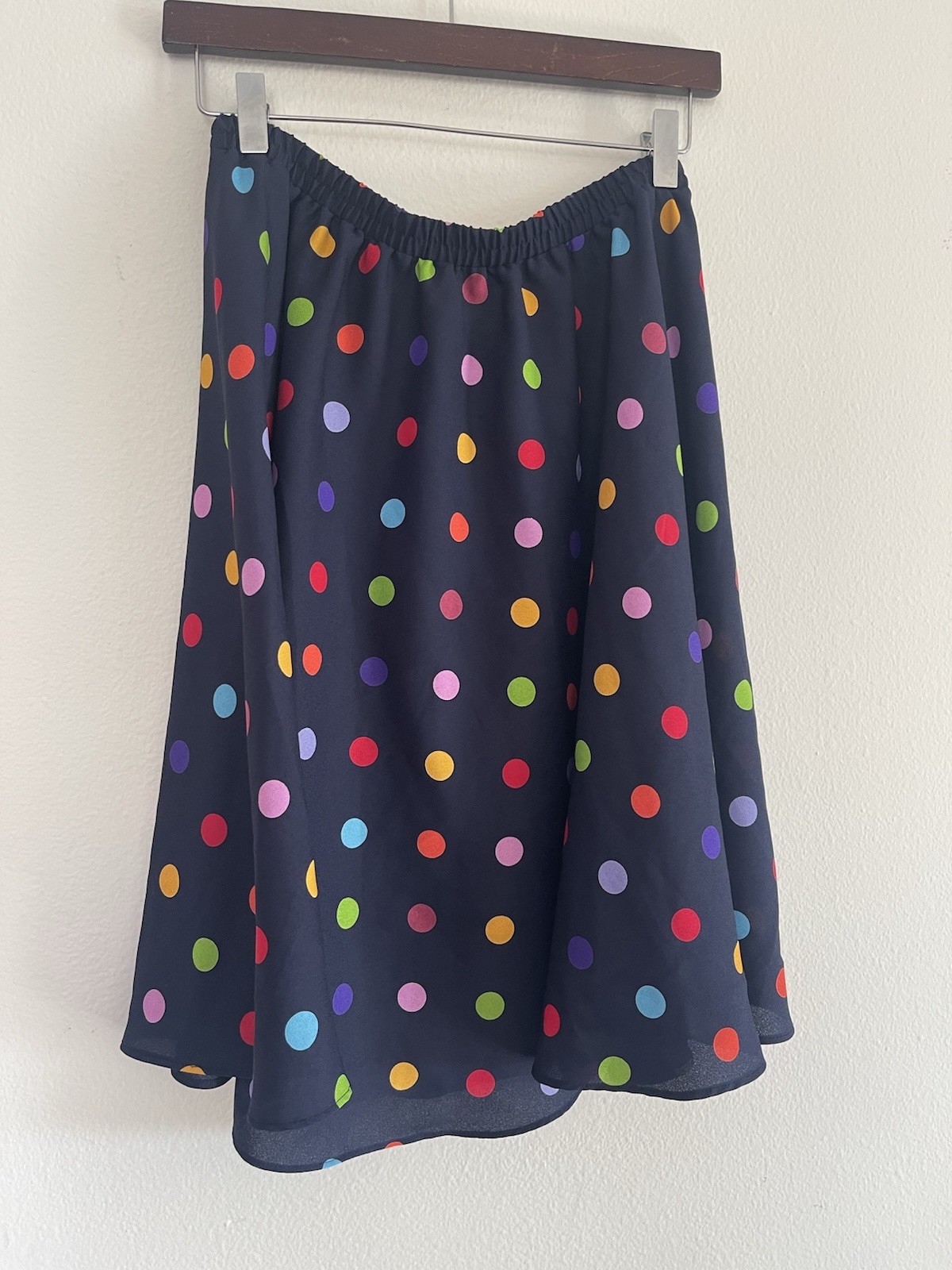Vintage Leslie Fay A-Line Skirt Size 8 Petite. Elastic Waist, Midi Polka Dots
